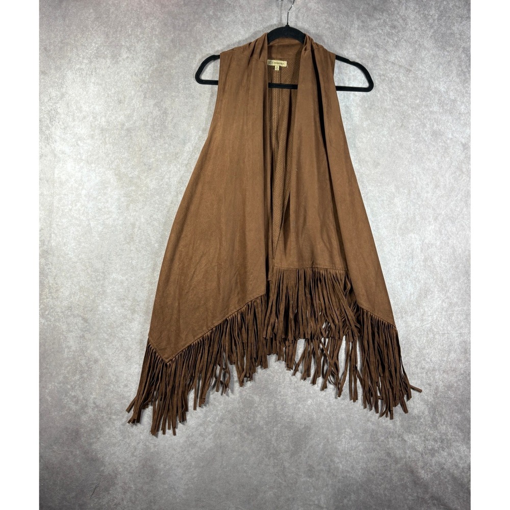 Democracy Vest Womens M Brown Faux Suede Fringe Boho Western Cowgirl Open Front